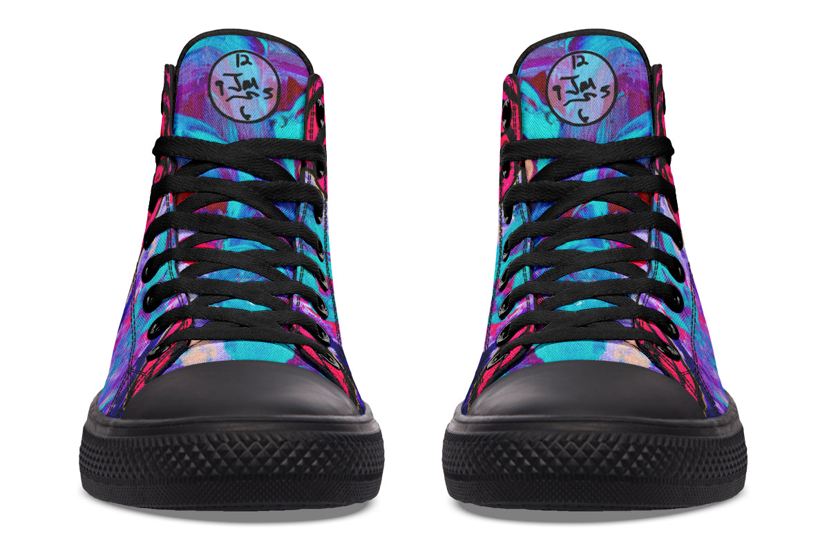 Pair of colorful high-top sneakers with black soles on a white background