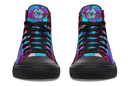 Pair of colorful high-top sneakers with black soles on a white background