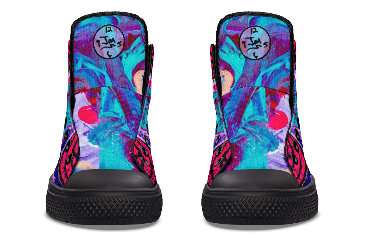 Colorful high-top sneakers with abstract design on a white background